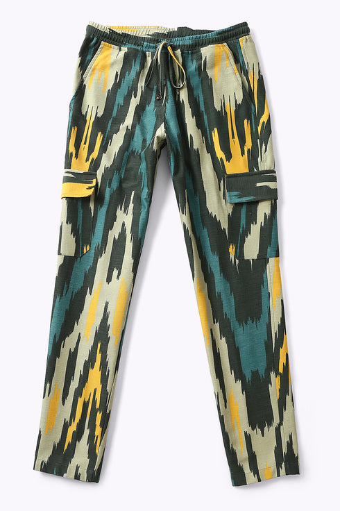 Straight leg pants in printed cotton gabardine with 2 flap pockets
